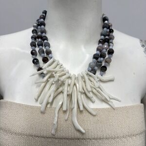3 Strand Boswana Agate Chalcedony White Coral Branch Sterling Necklace NWT $355